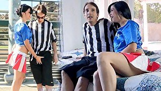 Hot brunette cheerleader college babe cheating on boyfriend and seduces the old big dick referee