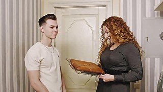 Frizzy-haired momma in stockings takes his throbber