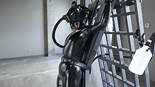 Latexgirl Tied To Cross And Vibed While Rebreather