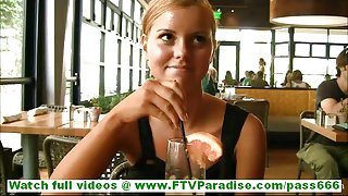 Jessi cute innocent blonde teen having dinner in restaurant