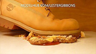 Crushing a Cheeseburger in Men's Timberland Work Boots