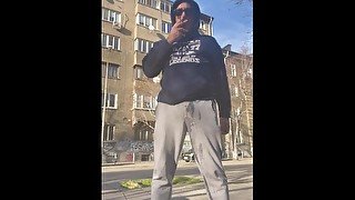 Straight Bulgarian guy pissing his trackies in a public street