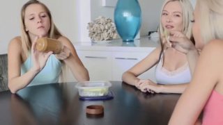 Elsa and hollie swallow a big meat
