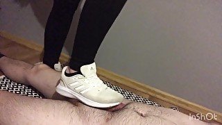 Trampling cocks and balls in white adidas (CBT)