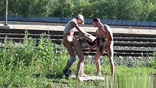 Hot jenny suck and fuck with two guys outdoor