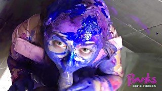 Sucking his cock & wanking him with my huge tits as he pours paint on me