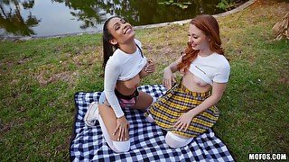 Outdoor threesome during picnic with Katana Kombat & Arietta Adams