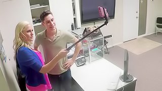 Blonde taking slutty selfies and fucking a guy at work