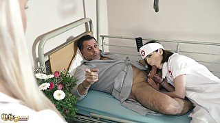 Old guy is love sick so nurses fuck and suck him