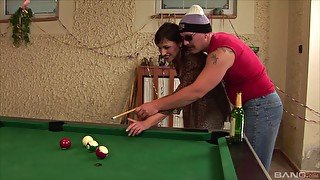 Mature amateur brunette fucked in hairy cunt on the pool table