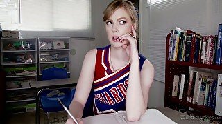 Kinky cheerleader Dolly Leigh wanks lubed long cock of her tutor