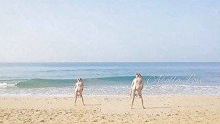 Slim MILF taking sun bath and peeing twice on beach