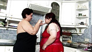 Fat Milf Lesbian Fuck in Kitchen with Monster Tits