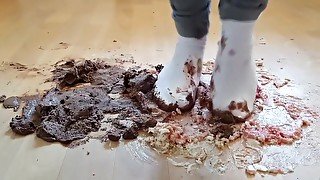 Crushing Chocolate Cake in Well Worn Ballet Flat Shoes and Socks