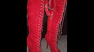 Big ol' Red Thigh High Boots fucked and masturbated on