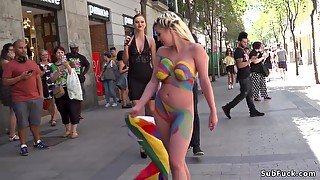 Huge tits painted blonde caned in public