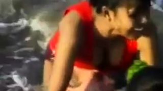 2 Indian girls with white guy in beach have fun blowjob..