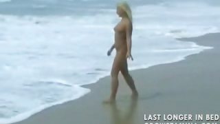 Nude blonde babe walks on the beach and then gets hammered