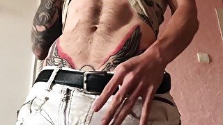 Hot Man Dancing Striptease, Fondling Himself and Jerking Off Big Dick