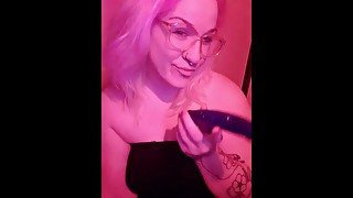 Sweet Nerdy Girl Grips Dildo With Split Tongue