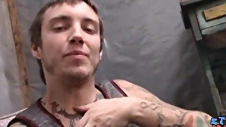 Inked perv Blinx tugs cock before dripping jizz