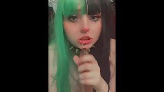 Sexy Hot Emo Girl Masturbates Veiny Pink Dildo and Drools with Ahegao