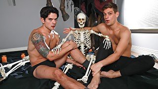 Horny guys enjoy Halloween foreplay at first