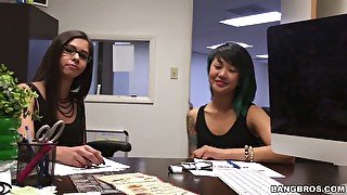 Two sexy teens sucking massive dick in the office