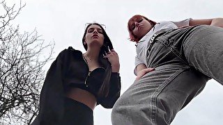 Bully Girls Spit On You And Order You To Lick Their Dirty Sneakers - Outdoor POV Double Femdom