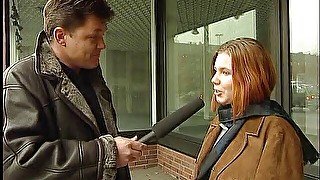 Sweet girl giving an outdoor interview