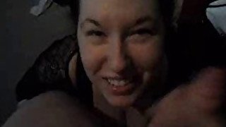 British brunette babe blows cock. POV