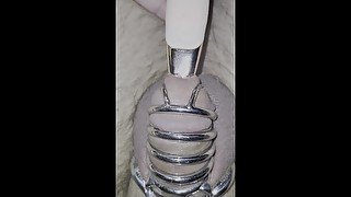 Putting a vibrator in my dick while locked up!