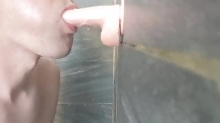 Sucking and gagging on big juicy cock dildo