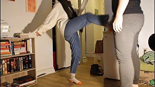 A kick goodbye  Ballbusting before work