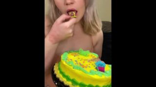 Thick lingerie girl plays with her birthday cake