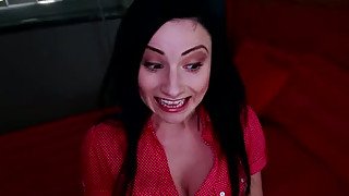 Raven haired sexy bitch swallows BBC and gets doggy fucked tough