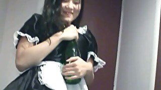 Frisky Asian housemaid masturbates with big bottle