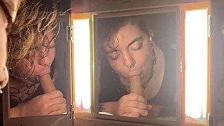 FtM punk sucks your cock, 3 angle mirror oral pov