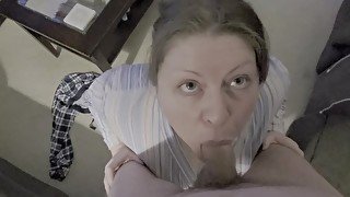 Princess looks daddy in the eye while giving him a blowjob and swallows