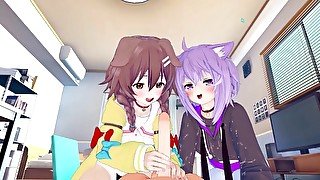 【REAL POV】OKAYU and KORONE threesome fun! Doggirl and Catgirl VTUBER licking bonanza!