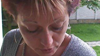 Hunky neighbour fucks her shaved old pussy