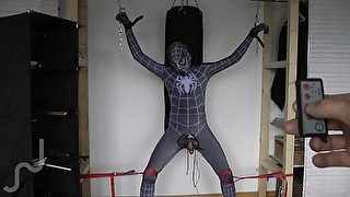 Ballbusting And Electro On The Balls Of Tied Black Spiderman