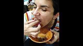 Quickie! Cum on food! POV handjob & cum on chocolate covered raspberries!