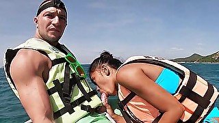 Perverted big dick guy experienced amazing amateur blowjob on a speedboat