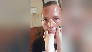 Horny Boyfriend Sucking My Hot Toes With Green Nail Polish Close Up