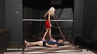 Tatjana tramples my face, my body and my cock in sneakers, bare feet and stiletto heels