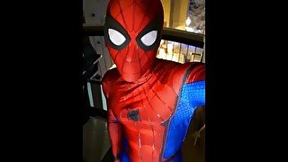 spiderman jerks off on public balcony )