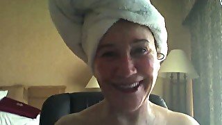 Enormous juggs of an old lady on webcam straight out of shower