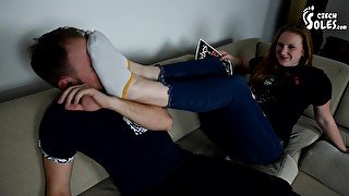 Bossy Girlfriend Uses Her Smelly Feet In Socks To Humiliate Her Boyfri