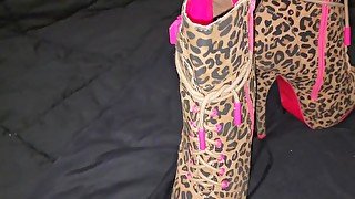 Cum all over Leopard Print High heel ankle boots!